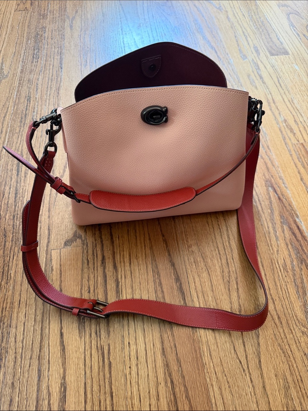 Coach Blush Pebbled Leather Crossbody with Red Strap